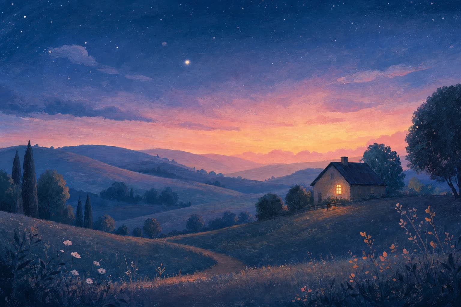 First light of dawn over rolling hills