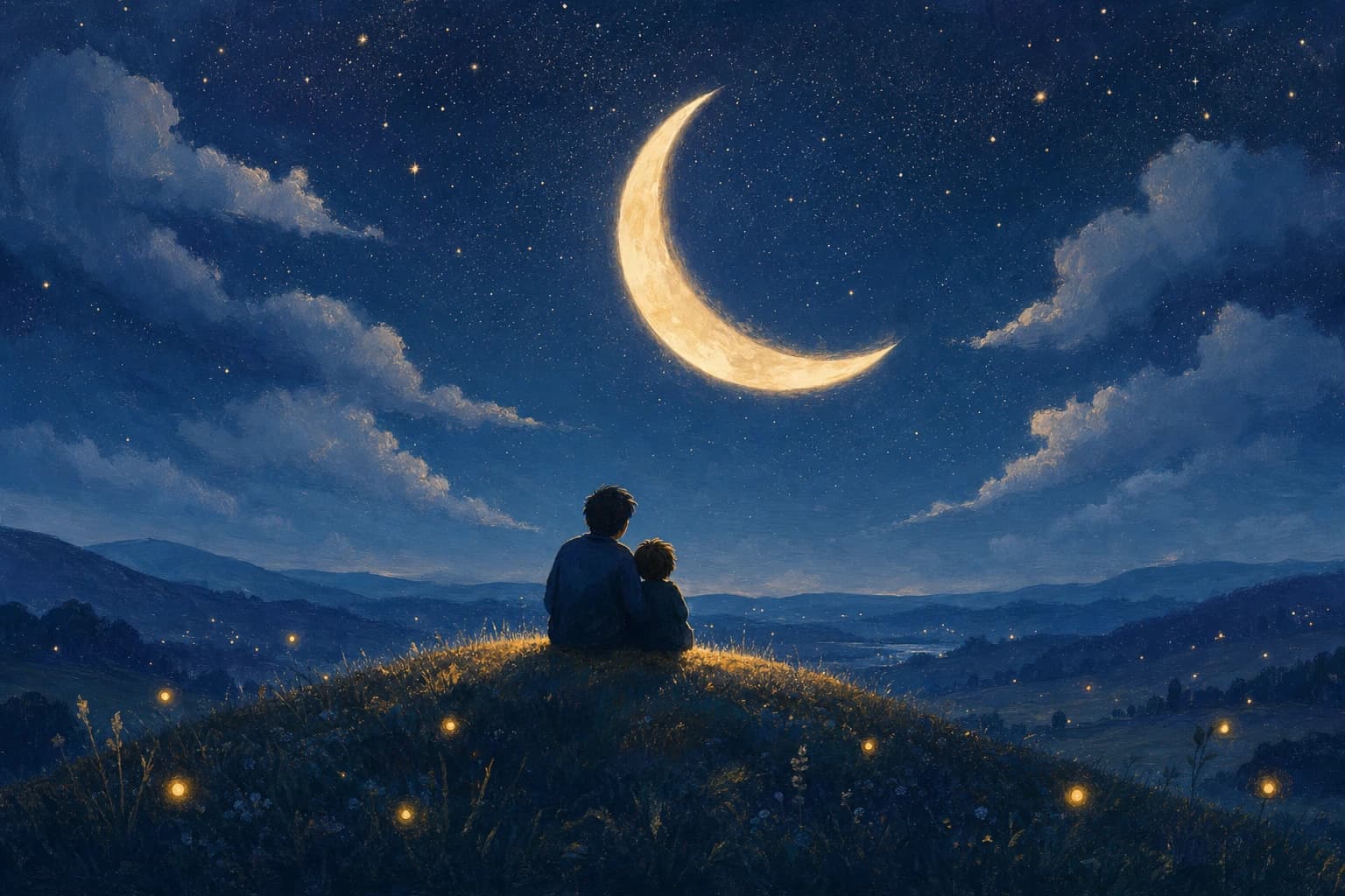 A parent and child watching an enormous crescent moon from a hilltop